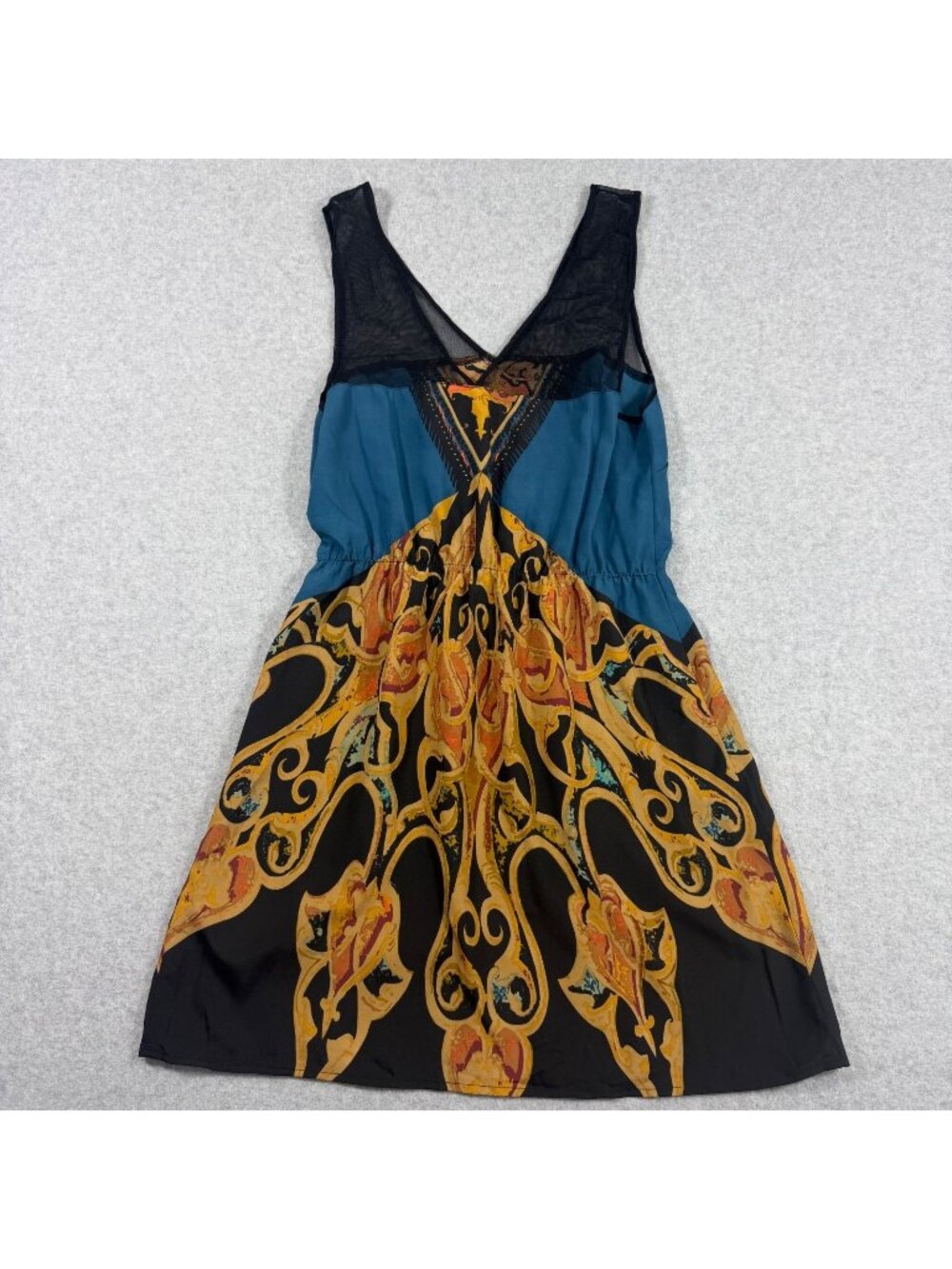 Petticoat Alley NWT Mini Dress Women's S Teal Black Baroque Print Mesh V-Neck